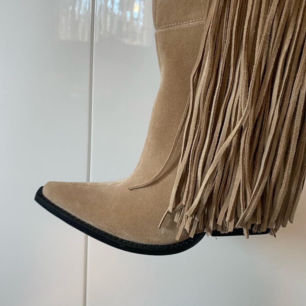Jeffrey Campbell Women’s Cattle Fringe Knee-High Beige Boots 6.5 New - Picture 6 of 9